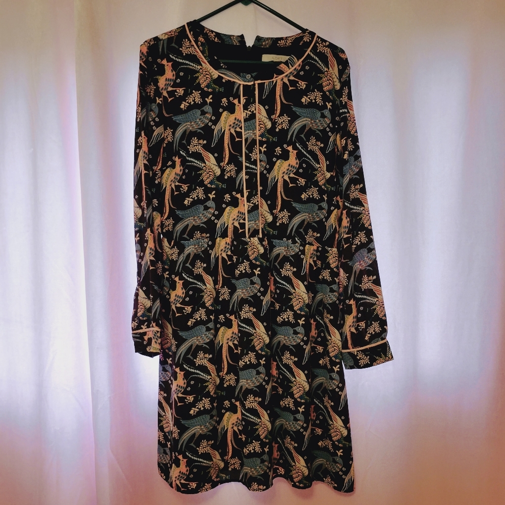 LOFT Snowbird Dress; blue and pink peacocks; Size 12